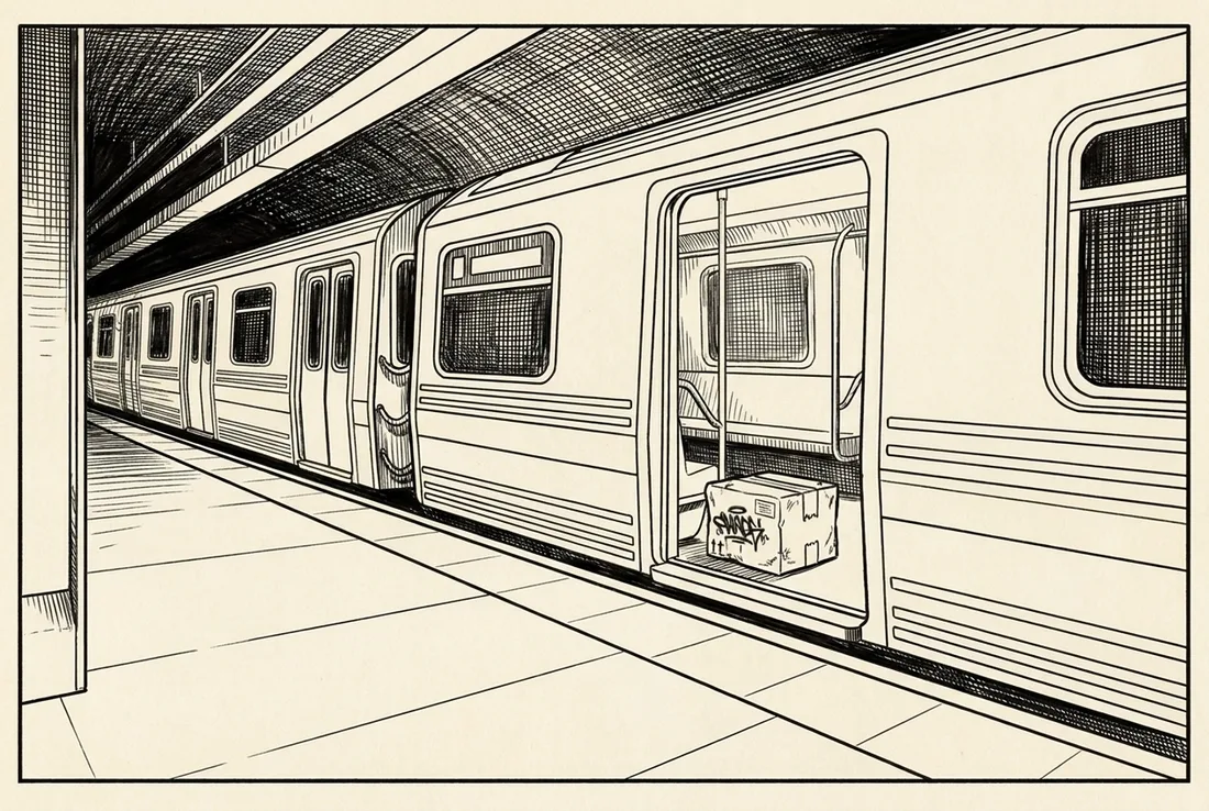 A lone cardboard box sitting in an open subway door — ink lineart stage