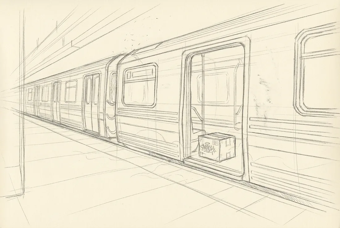 A lone cardboard box sitting in an open subway door — pencil sketch stage