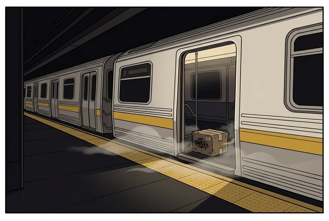 A lone cardboard box sitting in an open subway door