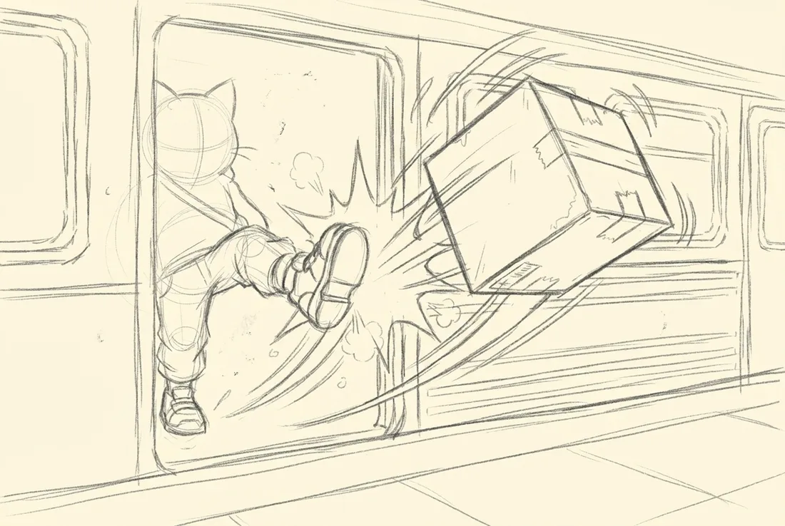 A mystery leg kicks the box out of the train — pencil sketch stage