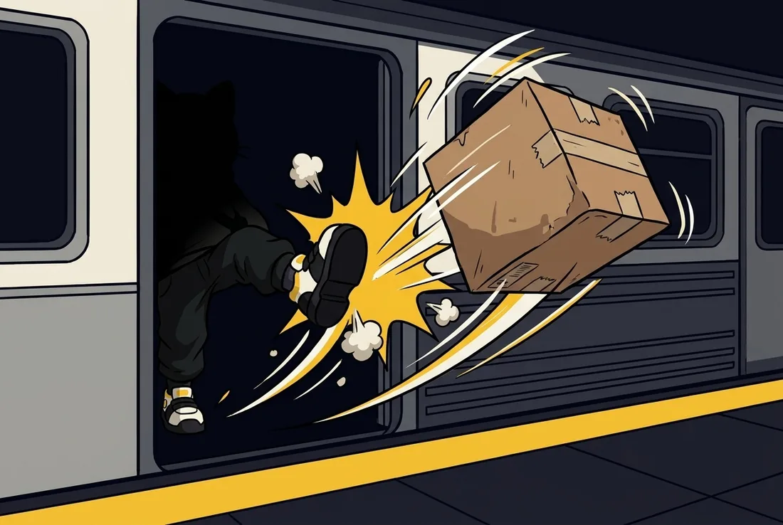 A mystery leg kicks the box out of the train