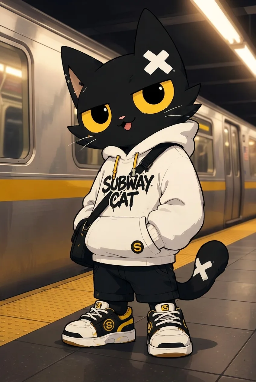Subway Cat, full body, on the platform at Cat St