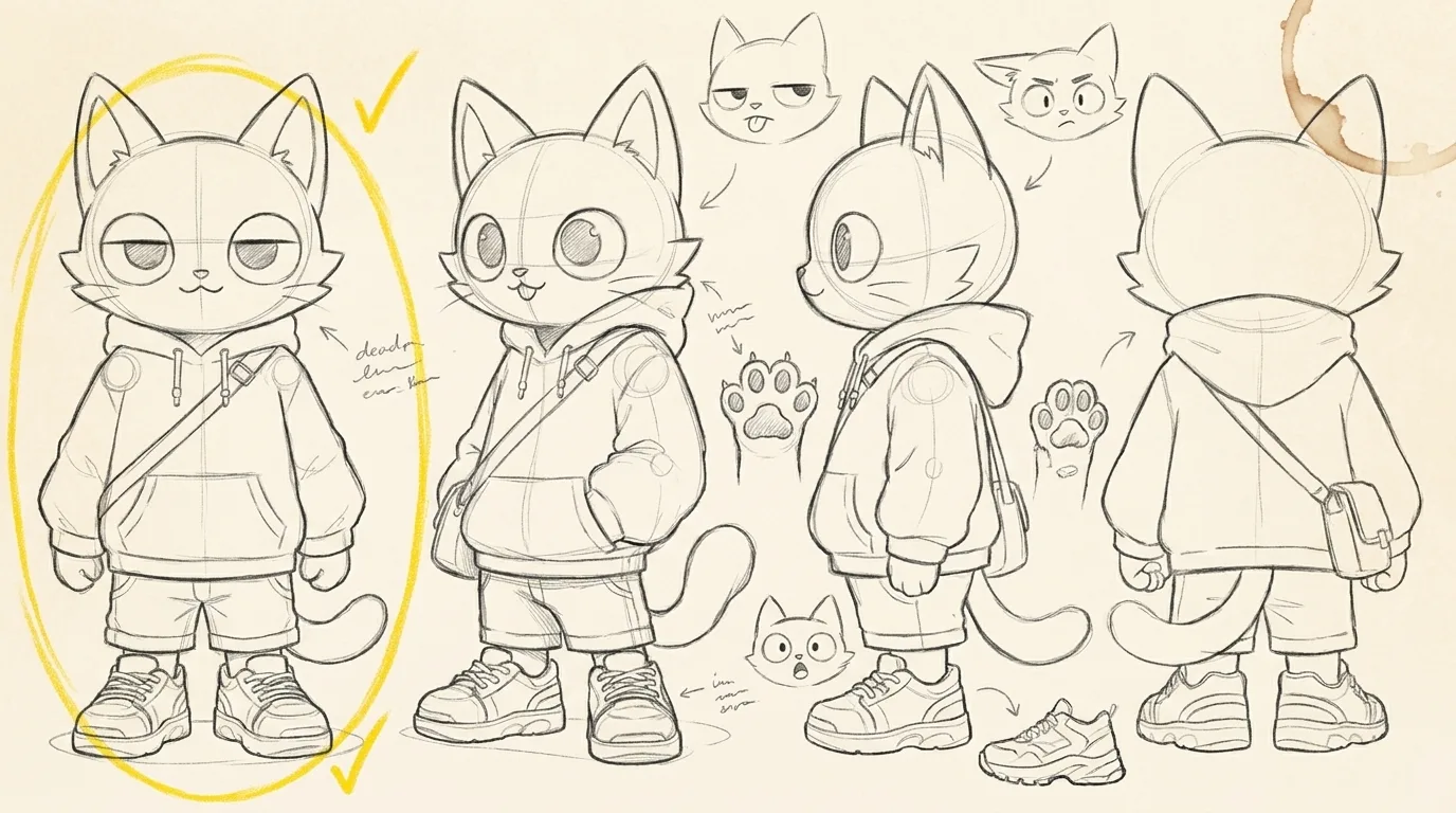 Concept sketchbook page of rough Subway Cat pencil studies
