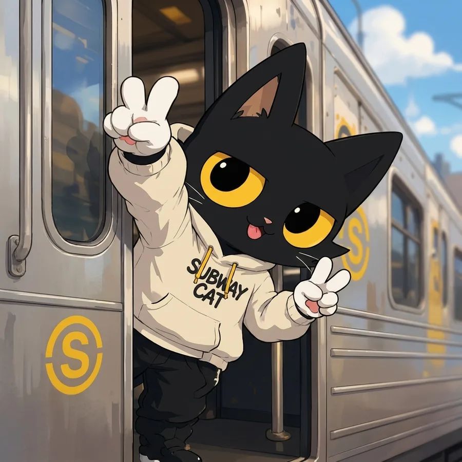 Subway Cat leaning out of the doors throwing a peace sign