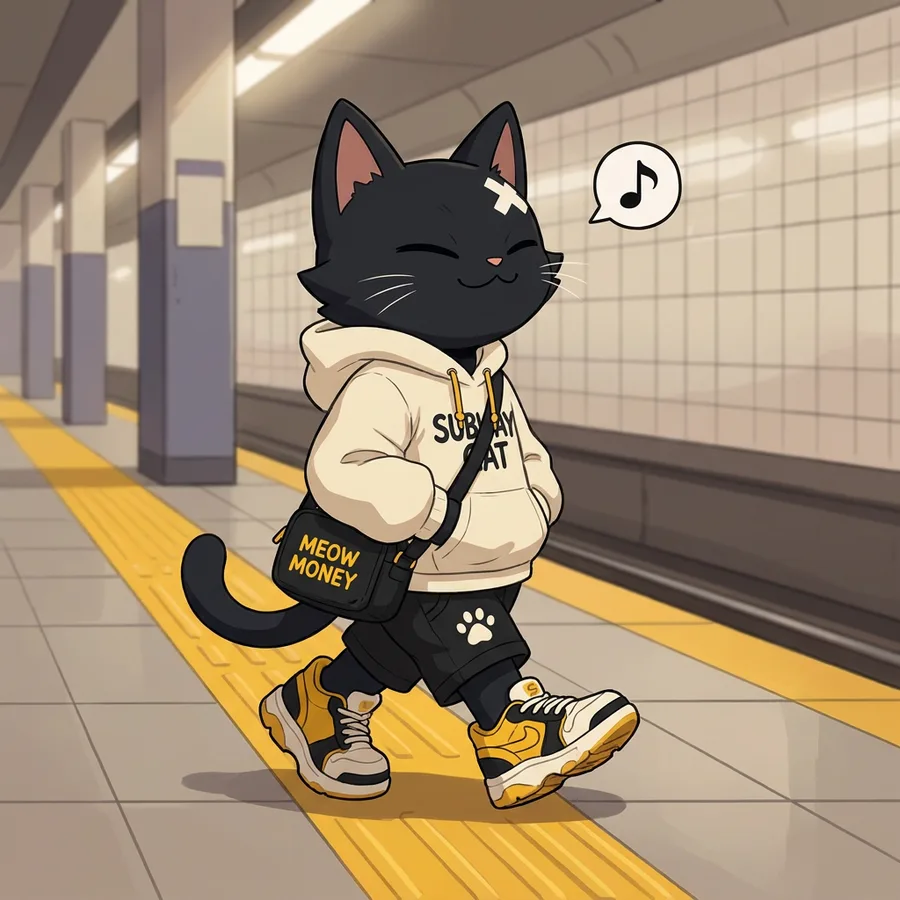 Subway Cat strutting down the platform with the MEOW MONEY bag