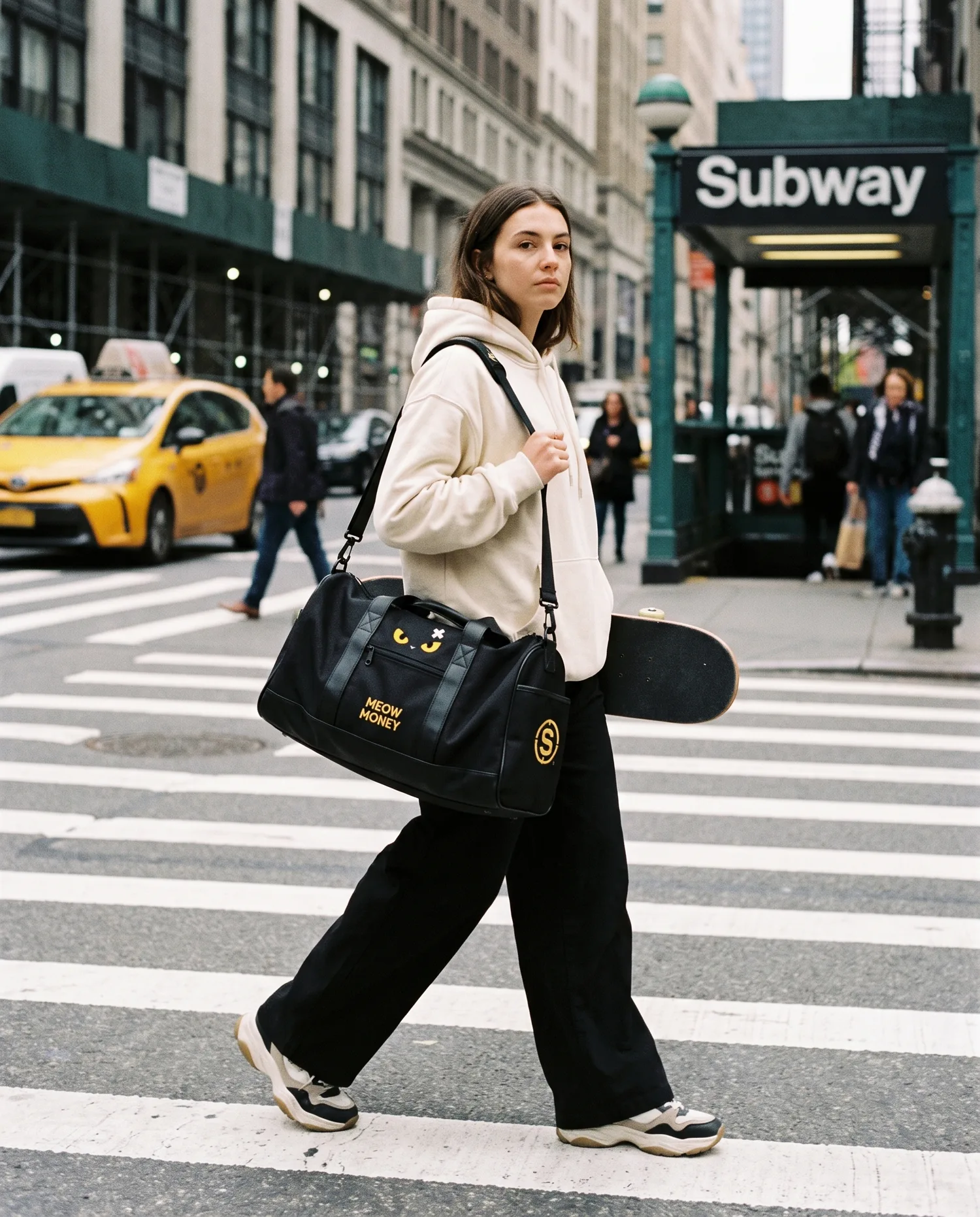 A stylish person carrying a MEOW MONEY duffel and skateboard on a downtown NYC street
