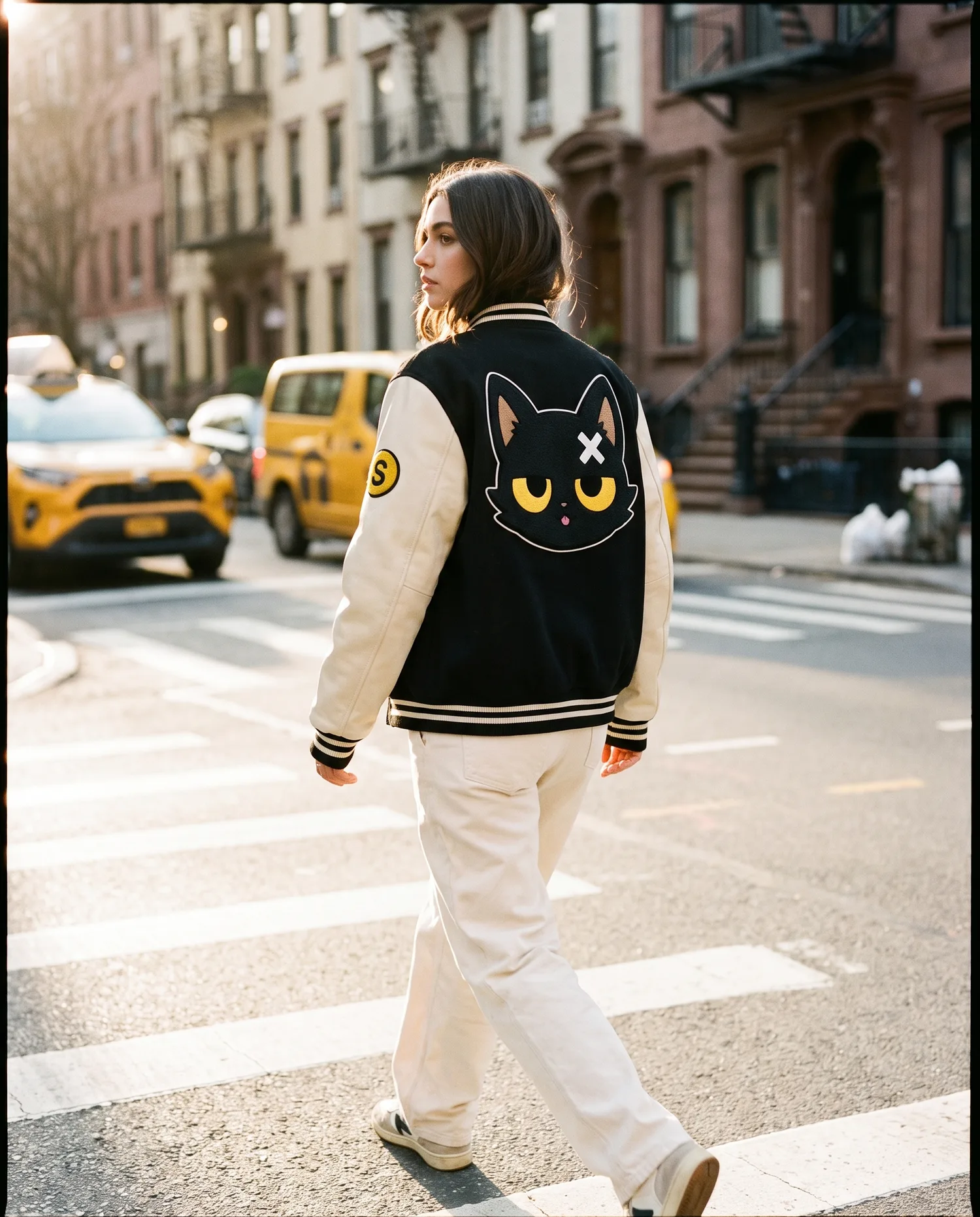 A stylish person crossing a downtown NYC street in a varsity jacket with an embroidered Subway Cat head