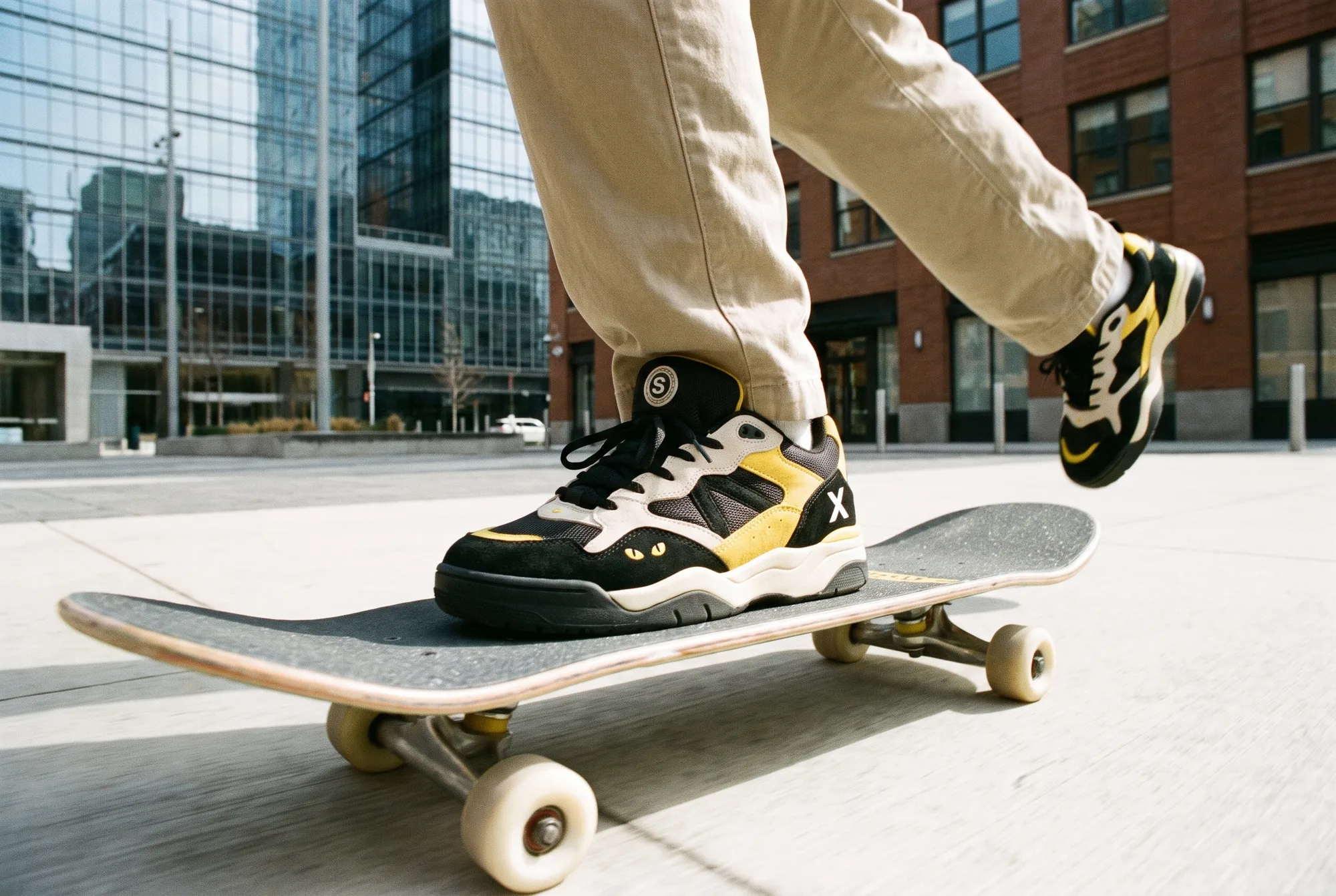 A skater mid-push wearing black, cream and subway-yellow S-01 sneakers at a downtown NYC plaza