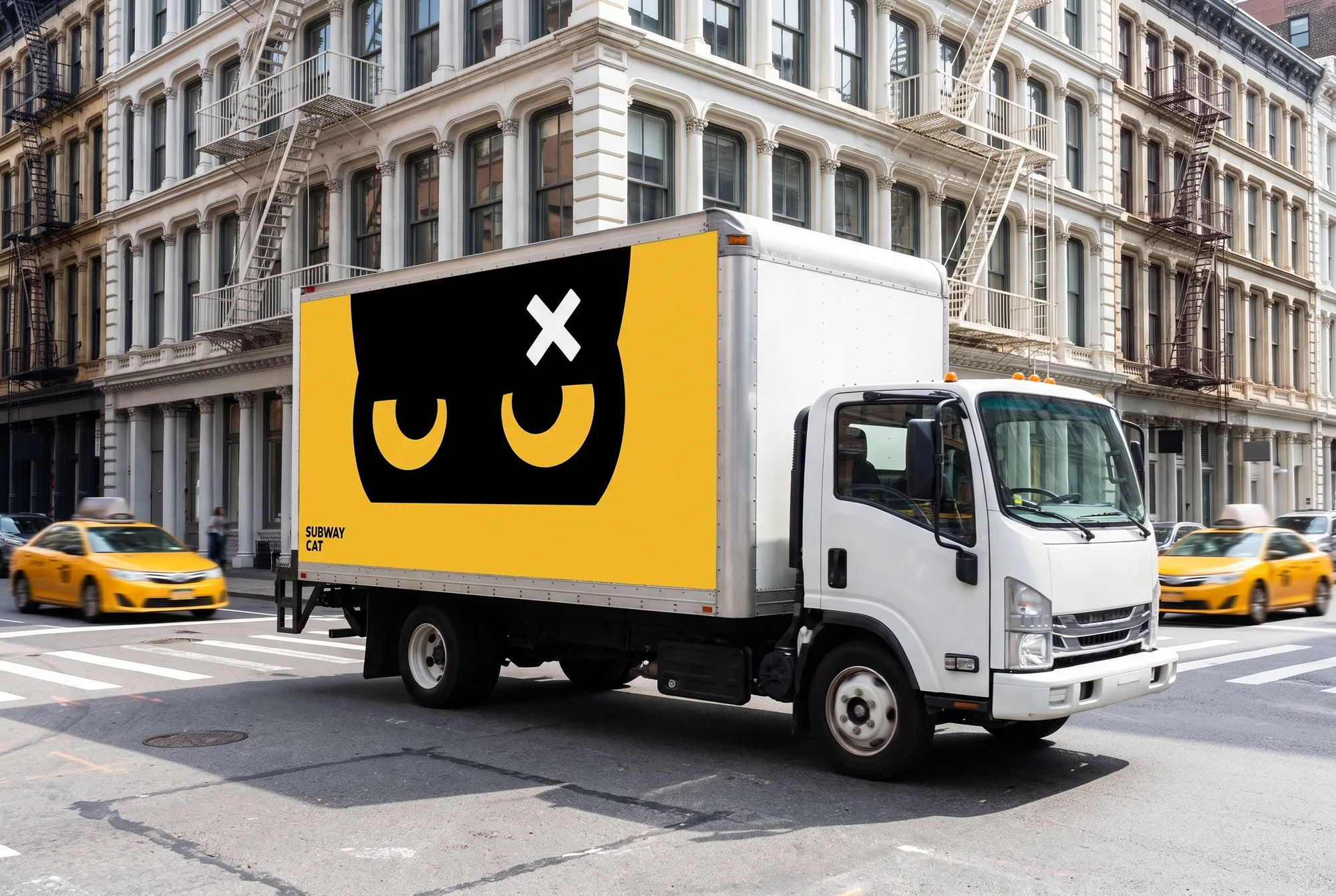 A box truck wrapped with the Subway Cat eyes and X mark driving through SoHo